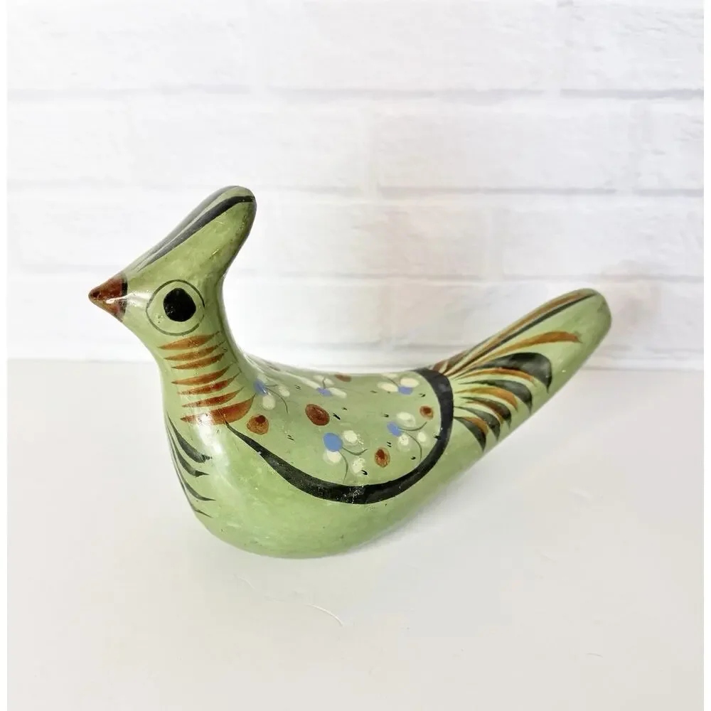 Vintage Tonala Bird Figurine Mexican Folk Art Pottery Green Floral